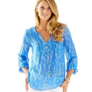 Lilly Pulitzer Silk Colby Top Light Blue Gold Women's XS